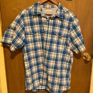 Columbia blue plaid fishing shirt men’s shirt sleeve blue and white large